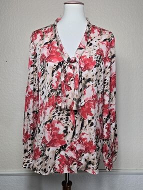 St. John Red Floral & Beige Animal-Print Tie-Neck Silk Blend Blouse, Size 14